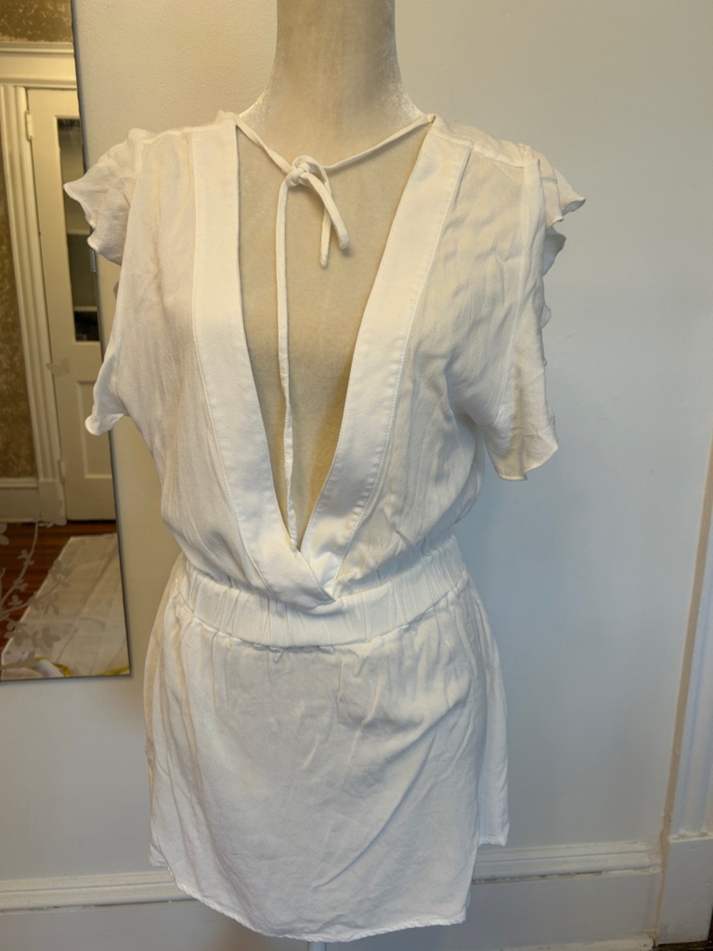 White Women’s Swim Coverup Tunic with Deep V and Tie